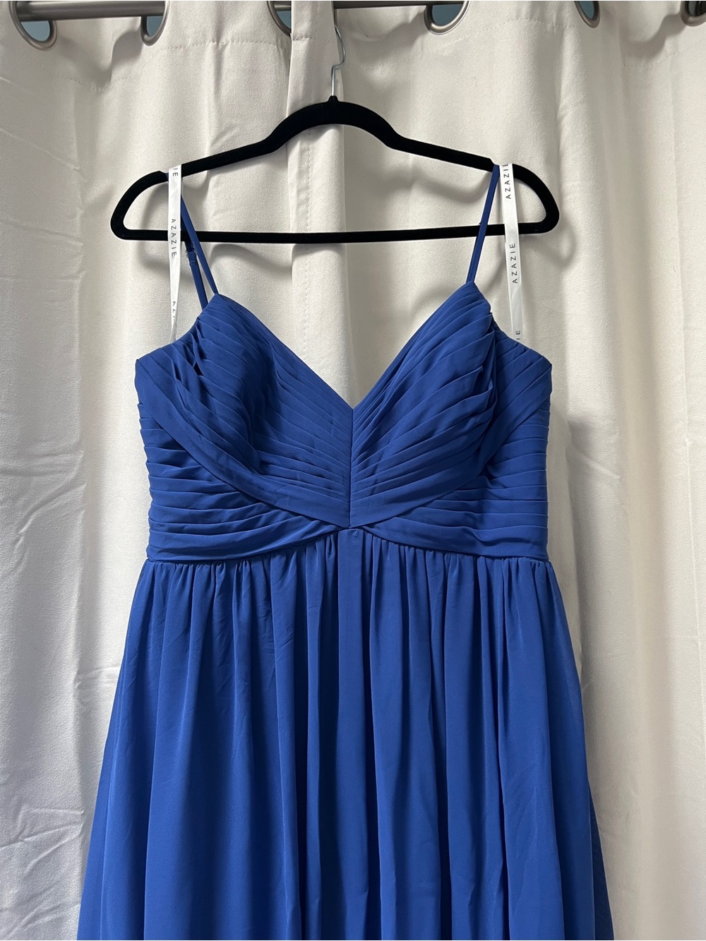 Azazie Royal Blue Pleated V-Neck Spaghetti Strap Maxi Dress